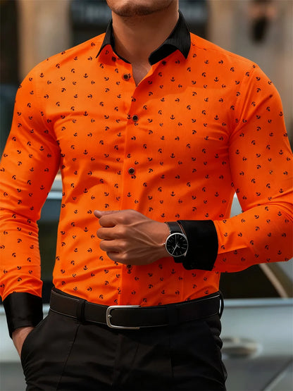 New Men's Fashion Anchor Print Contrast Color Lapel Long Sleeve Shirt Business Casual Slim Fit Non-iron Versatile Shirt XS-6XL