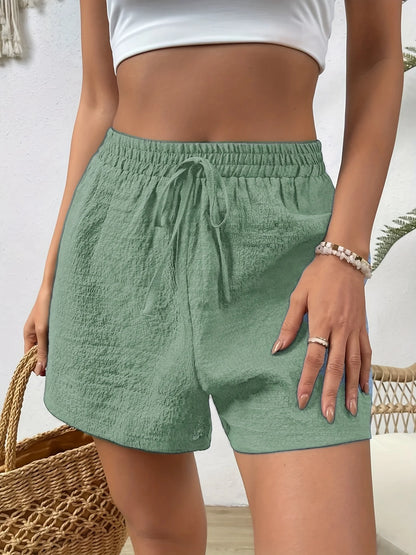 Solid Color Elastic Waist Shorts with Fake Drawstring
