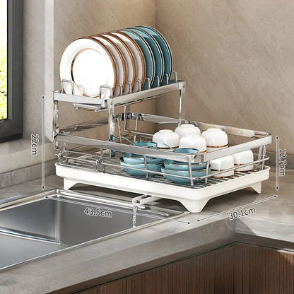 Stainless Steel 2 Tier Dish Rack Adjustable Countertop Organizer Bowl Drainer Multifunctional Kitchen Utensil Storage Holder Hom