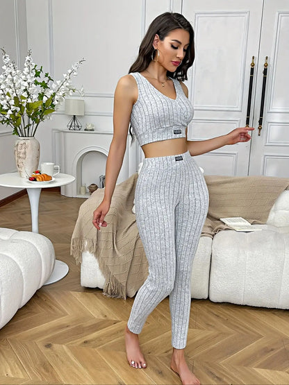 Women's Four-Season Pajamas with Simple V-Neck Short Slim-Fit Top, Sporty Short Tank Top, and Long Pants Two-Piece Set, Suitable for Wearing Outside as Loungewear