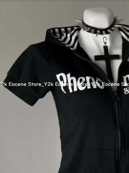 Y2K Subculture Skull Print Zip Cardigan Short Sleeve Women Japan Slim Fit Striped Hoodie Casual Tops Fashion Streetwear Clothes