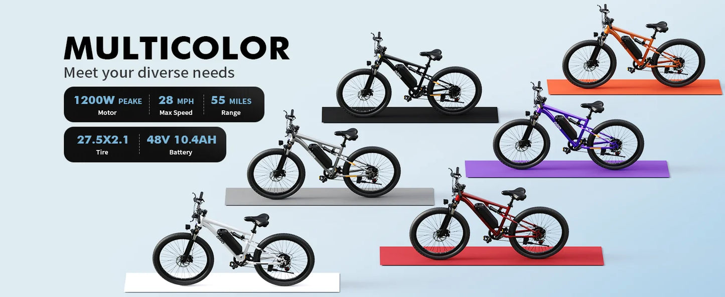 Qlife Racer Ultra Electric Bike for Adults, Peak 1200W 48V 10.4Ah,  27.5" Tire Electric Mountain Bike, 28MPH 55 Miles Off-road Electric Bicycle, 21-Speed E-Bicycle with Full Suspension