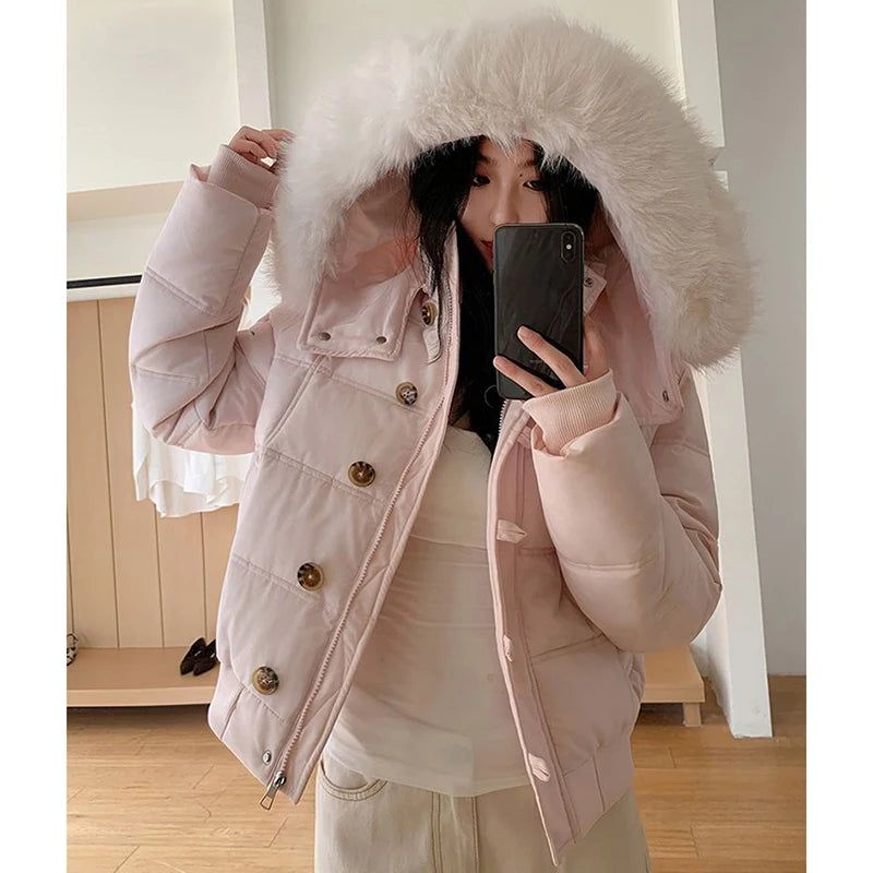 Casual Cropped Parkas Women Fashion Faux Fur Collar Hooded Puffy Coats Winter Warm Solid All Match Slim Long Sleeve Outwear Tops