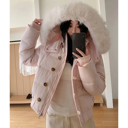 Casual Cropped Parkas Women Fashion Faux Fur Collar Hooded Puffy Coats Winter Warm Solid All Match Slim Long Sleeve Outwear Tops