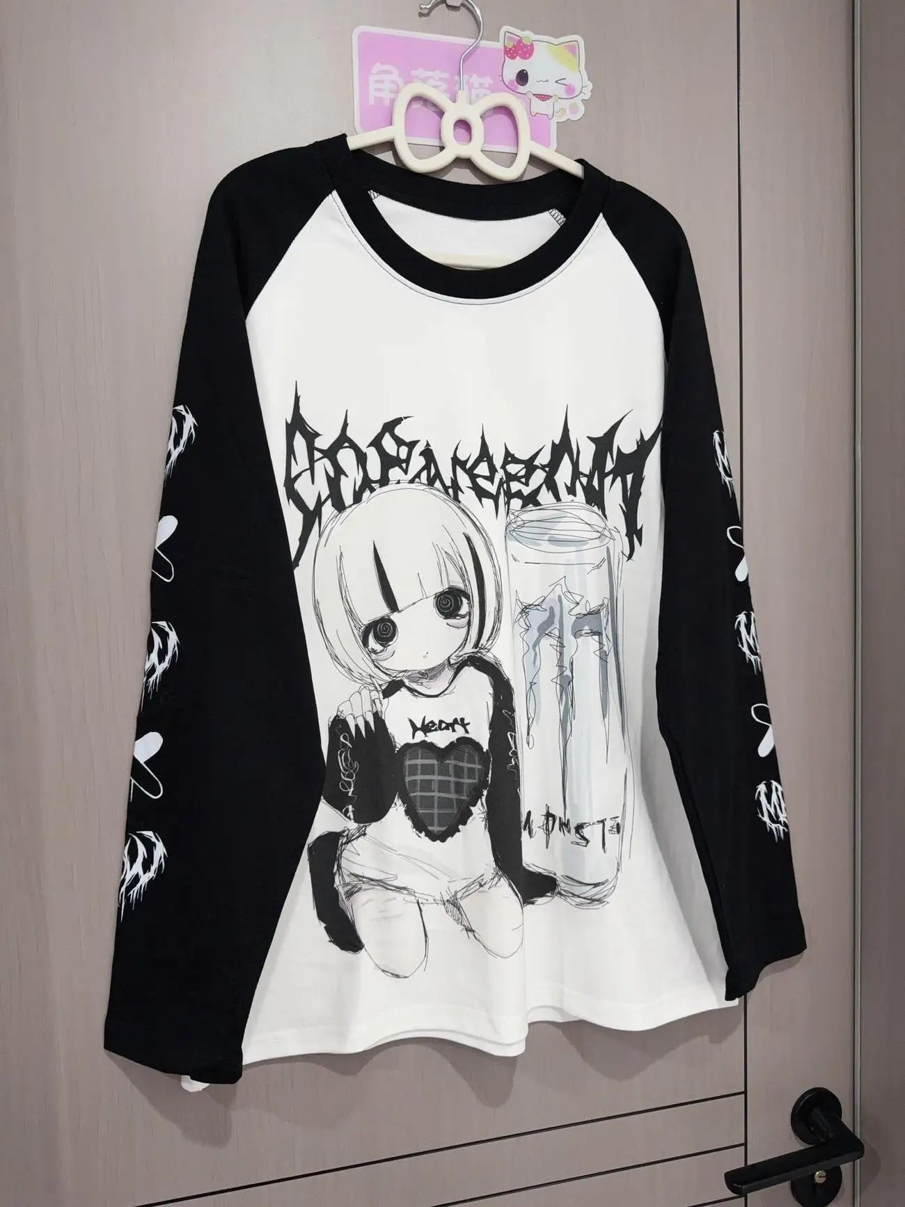 Spring Autumn Japanese Yami Kawaii Girly Goth T Shirt Long Sleeve O-Neck Print Loose Top Jirai Kei Subculture Casual Shirt Women