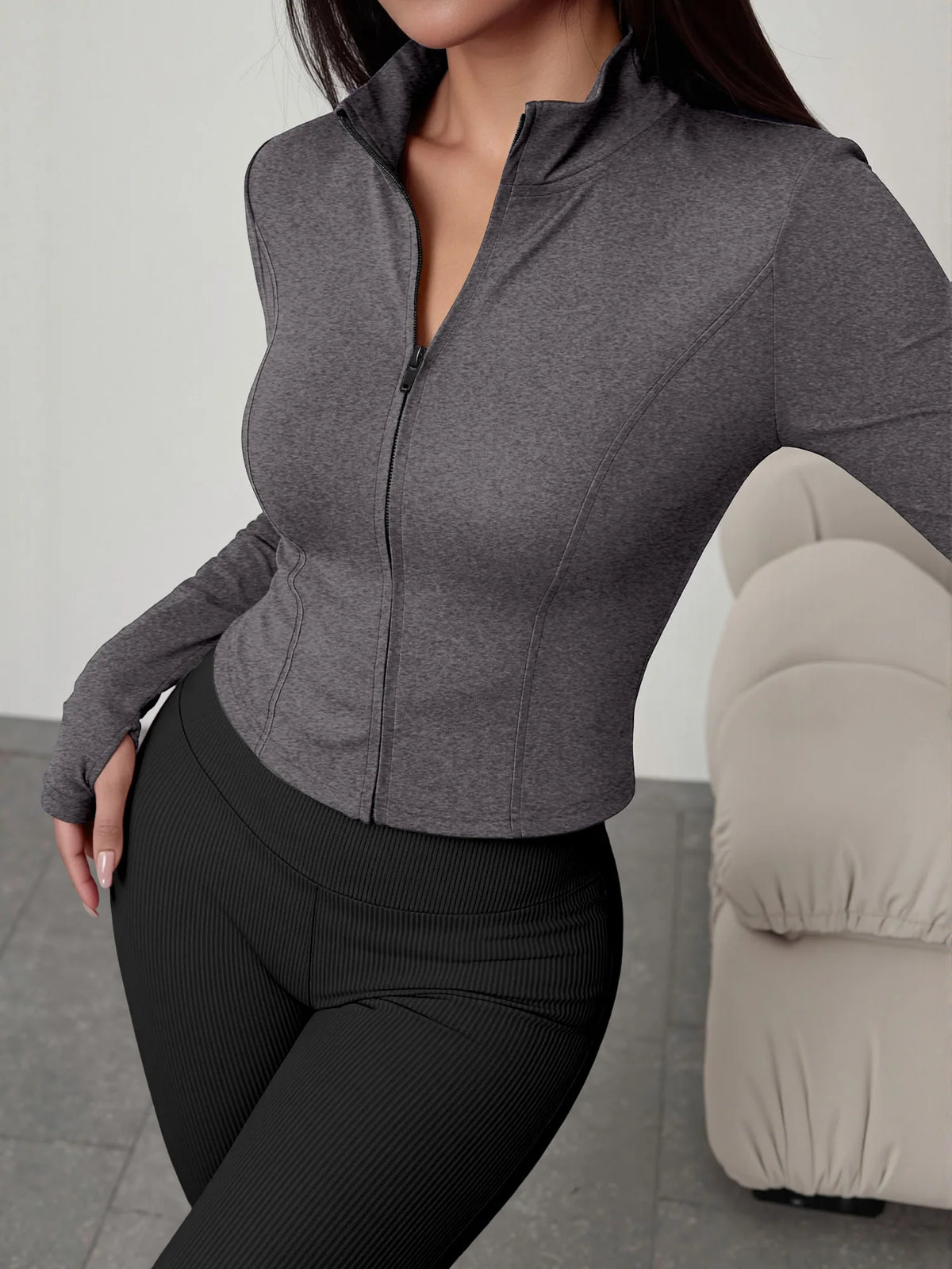 European American Women Ribbed Knit Two Piece Set, Long Sleeve Zip Top With High Waist Flare Pants, Casual Slim Daily Outfit