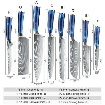Damascus Steel Kitchen Knife Set - 8-Piece Chef Utility Paring Boning Cleaver Santoku with Nylon Bag