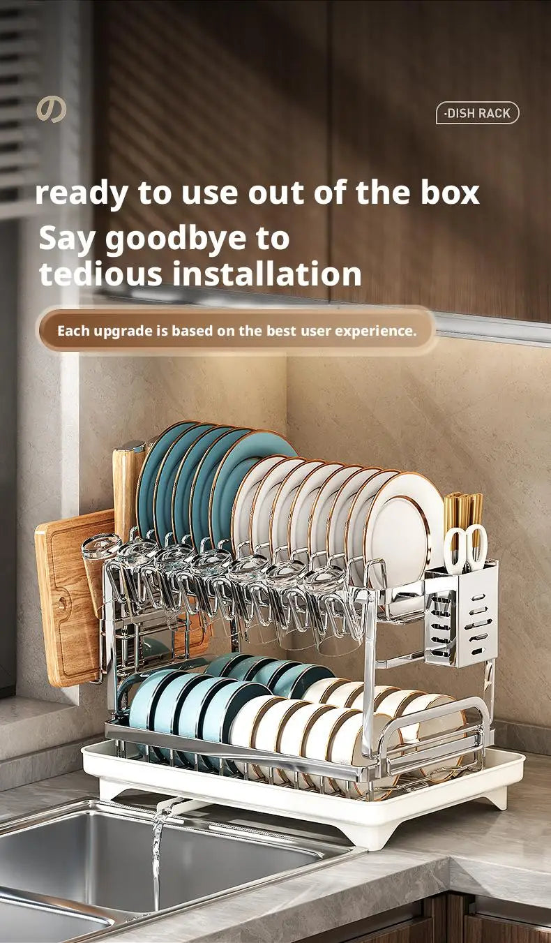 Dish Drying Rack - 2 Tier Stainless Steel Over Sink Shelf with Utensil Holder