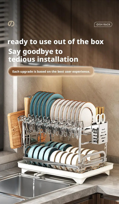 Dish Drying Rack - 2 Tier Stainless Steel Over Sink Shelf with Utensil Holder