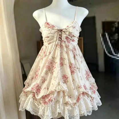 Gothic Retro Sweet Bud Mini Dress Women Harajuku Y2k Strap Dress Y2K Aesthetic Club Party Fashion Outfits