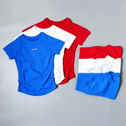 DFHE 2 Piece Athletic Tracksuit, Seamless Short Sleeve Yoga Wear, High Stretch Running Shorts, Gym Training Outfit