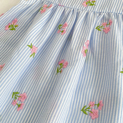 2026 New Summer 2-6Yrs Princess Round Neck Dress Striped Baby Girl Dress Flying Sleeve Cotton Embroidery Blue Sweet Dress