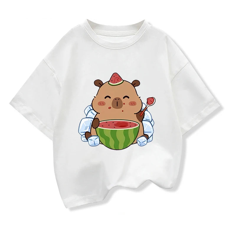 Summer New Capybara Watermelon Printed Cartoon Fashion Short Sleeve T-shirt Kids Clothing Tees Girls Loose Casual Tops T Shirts