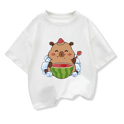 Summer New Capybara Watermelon Printed Cartoon Fashion Short Sleeve T-shirt Kids Clothing Tees Girls Loose Casual Tops T Shirts
