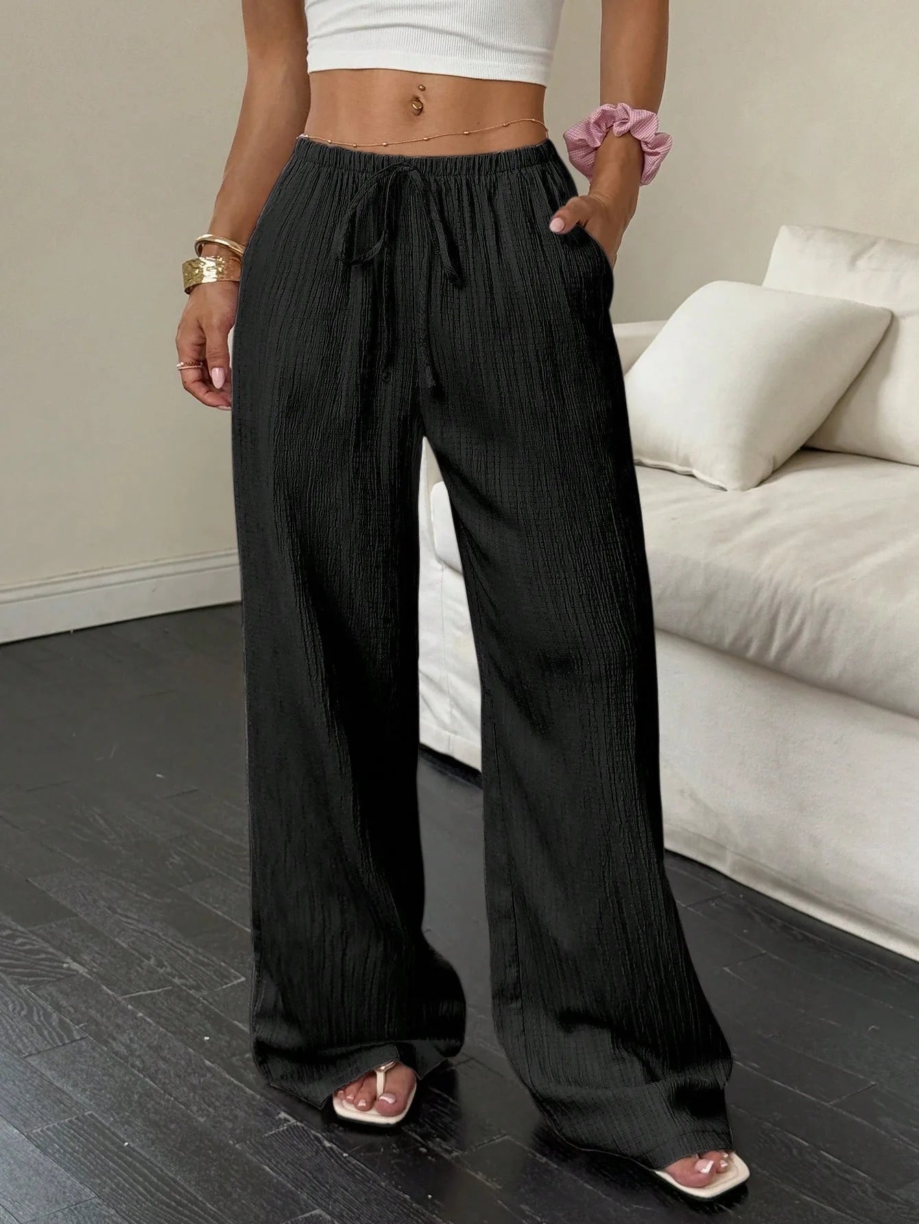 Women's Wide-Leg Cotton-Linen Blend Casual Floor-Length Pants Relaxed-Fit Drawstring Trousers for Home & Strolls