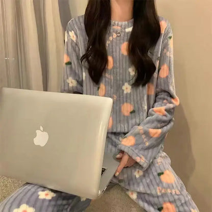 Autumn Winter Warm Flannel Fleecing Women Pyjamas Sets Thick Coral Velvet Long Sleeve Cartoon Sleepwear Thin Flannel Pajamas Set