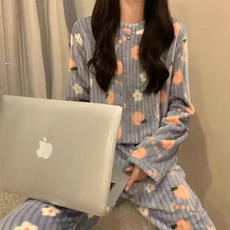 Autumn Winter Warm Flannel Fleecing Women Pyjamas Sets Thick Coral Velvet Long Sleeve Cartoon Sleepwear Thin Flannel Pajamas Set