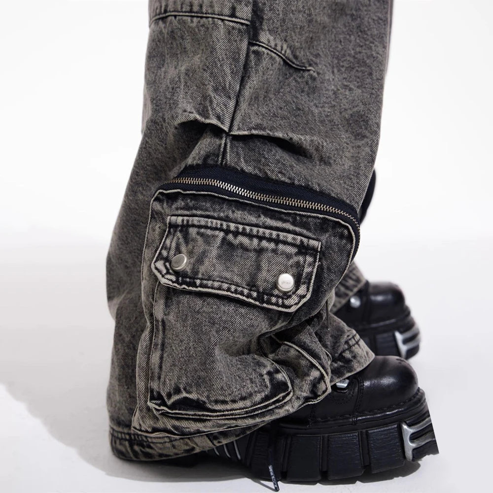Men Gothic Jeans Y2k Big Pocket Cargo Jeans Streetwear Fashion Japanese Youth Campus Wide Leg Casual Pants Male Men'S Clothing