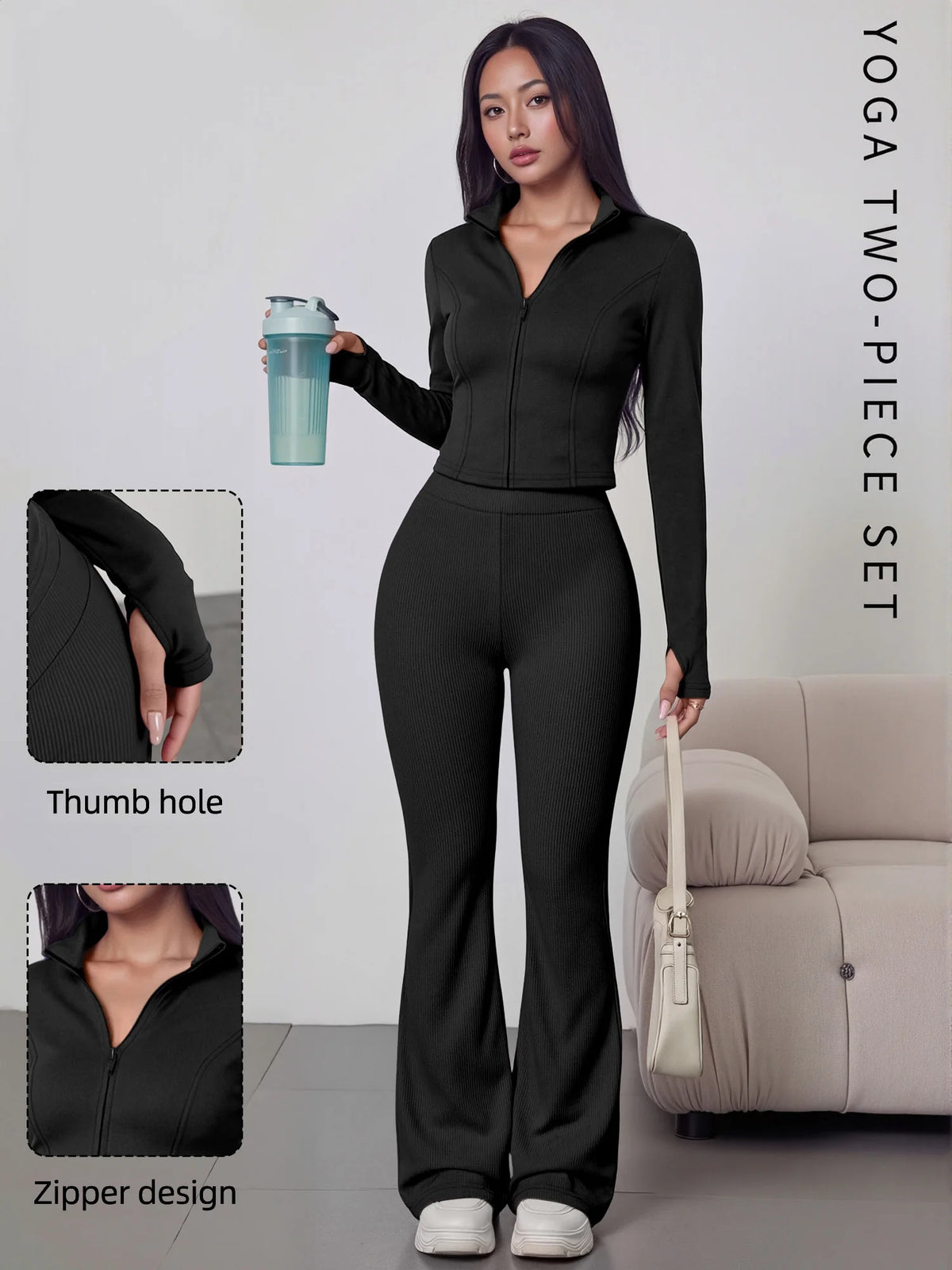 European American Women Ribbed Knit Two Piece Set, Long Sleeve Zip Top With High Waist Flare Pants, Casual Slim Daily Outfit