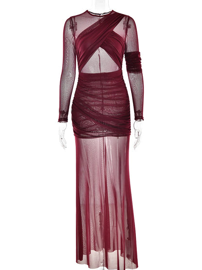 Mesh Patchwork Dress - Elegant Bodycon Evening Gown With Long Sleeves & Double Layer Design