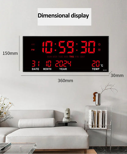 Large Digital Wall Clock with Alarm Temperature  Date Display - 14 LED Plug-In Clock