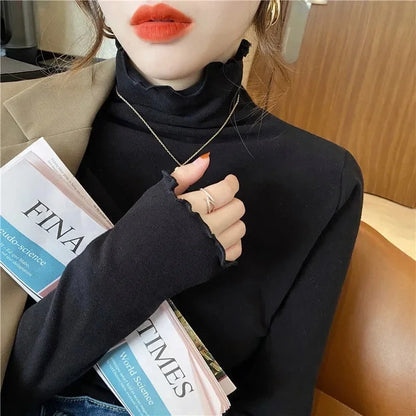 Women Turtleneck Tops – Long Sleeve Shirts With Ruffled Petal Sleeve, Plus Size Winter Fleece
