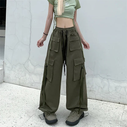 High Quality 2025 Cotton High Street Cargo Pants for Women Men with Ribbon High Waist Wide Leg Hip-hop Cool Dances Pants Ladies