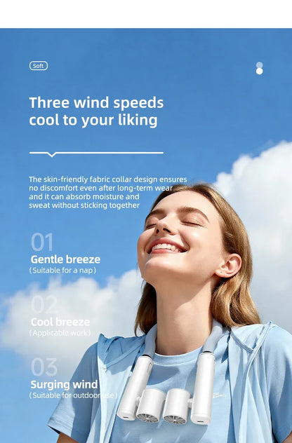 Detachable Ice-Cool Neck Fan, 360° Cooling with Freezable Ice Ring , 3 Speeds, Large Battery, Hands-Free for Outdoor, Commuting