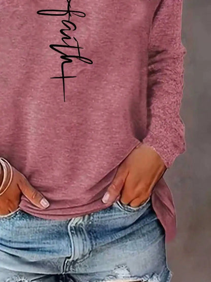 Women's Long-Sleeved Loose Round-Neck Top Elegant Solid Color Polyester Knitted T-Shirt Autumn and Winter Fashion Heart Pattern