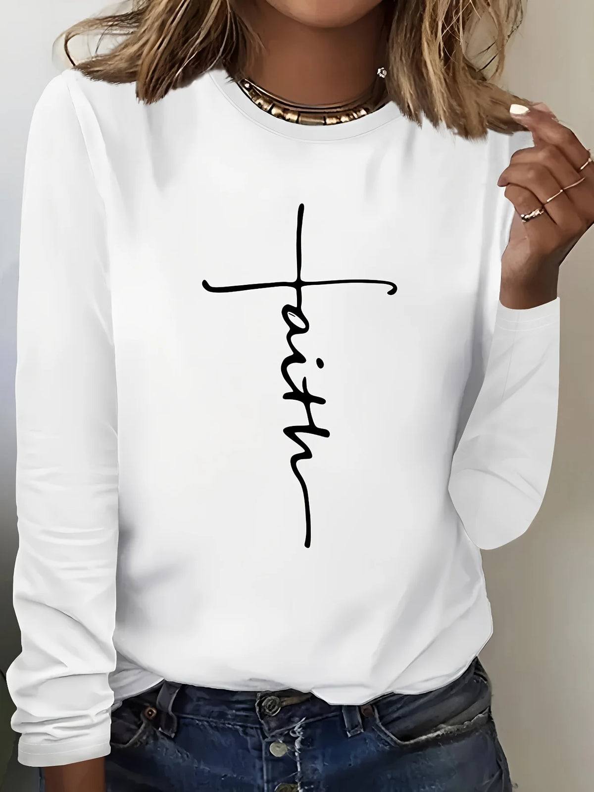Women's Spring and Autumn 100% Cotton Fashion Casual Loose You Are Enough Printed Round Neck Long Sleeve T-shirt Top