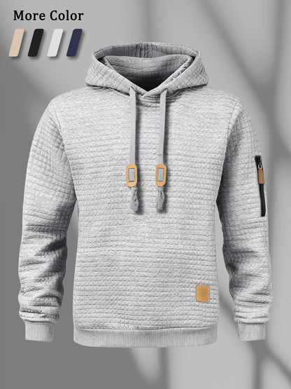 New Autumn Men's Hoodie Waffle Pattern Long Sleeve Sweatshirt Solid Color Casual Warm Pullover Outdoor Sportswear Men's Clothing