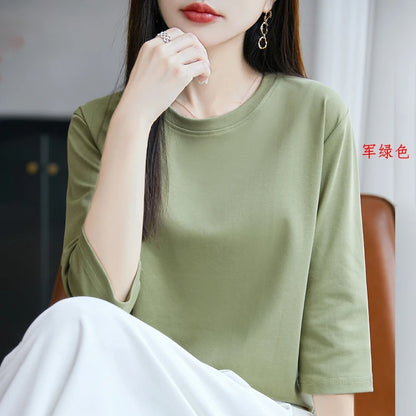Spring And Summer New White Mercerized Cotton Short Sleeve T-Shirt Feminine Joker Cotton Cropped Sleeve Bottoming Shirt