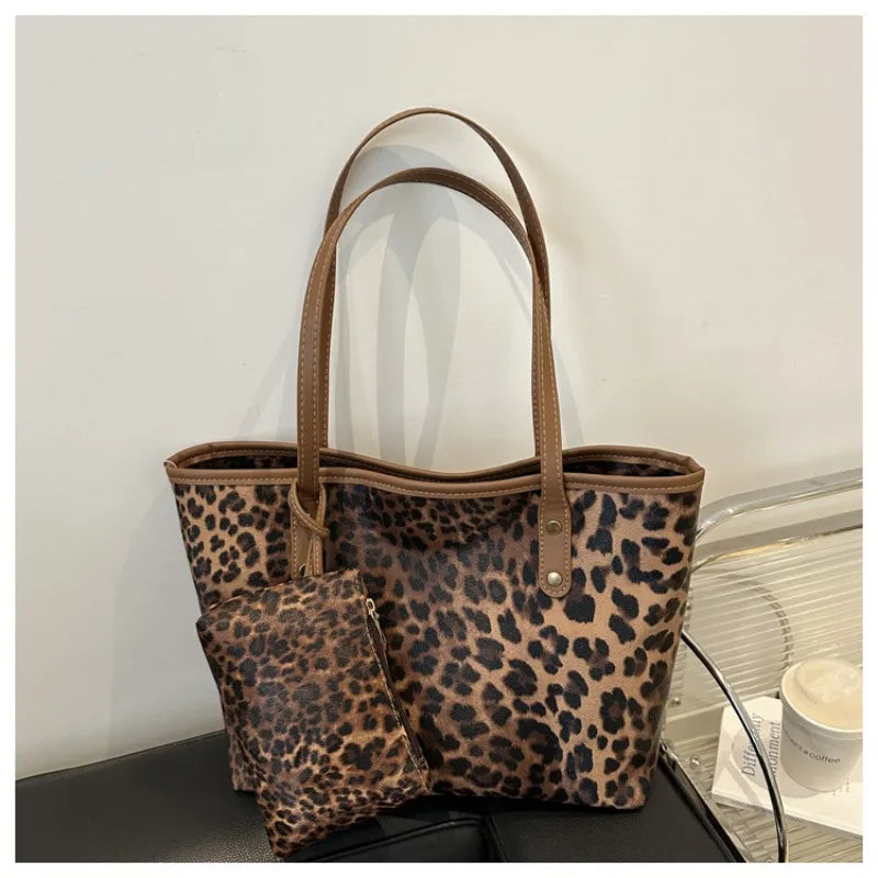 Leopard Print Tote Bag - Women's PU Leather Large Capacity Casual Travel Purse