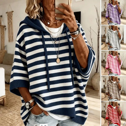 Hooded Pullover Top Women’s Hooded Striped Knit Sweater Loose Half Sleeve Pullover Autumn Winter Drawstring Hoodie for Comfort
