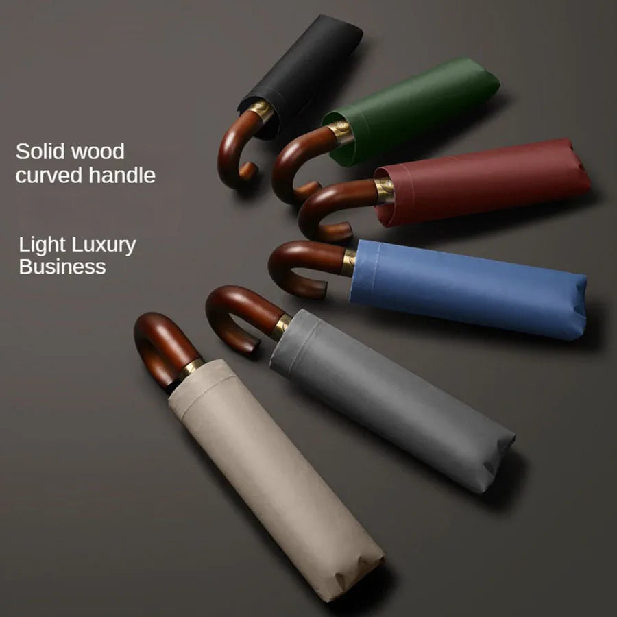 Windproof UV protection casual folding UPF50+automatic umbrella handle curved handle design, stylish design compact sun and rain