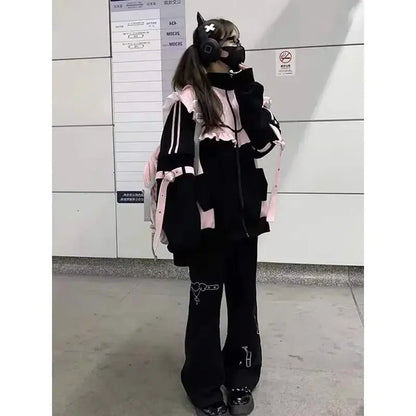 Japanese Sweet Coats Y2K Clothing Hoodie Women Tops Autumn and Winter Color Match Splicing with Thick Velvet Cardigan Jackets