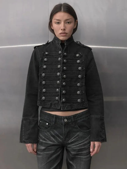 Y2K Retro Hussars Jacket Stand Collar Double Breasted Button Cropped Jacket Napoleon Old Money BLK Denim Jacket Women Boxy Coat