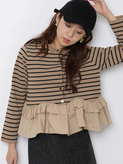 Fashionable Stripe Knitted Sweater Loose Fit Color Block Neckline Long Sleeve Women's Autumn Winter Casual Style Breathable
