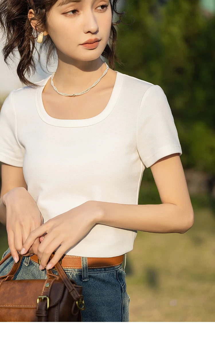 Women's Square-Neck T-Shirt – Elegant Cotton Short-Sleeve Top