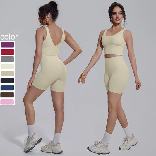 Solid Color Summer Yoga Set Woman's Sexy Backless Yoga Underwear with Chest Pad Quick-Dry Hip Push Up Fitness Shorts Sportswear