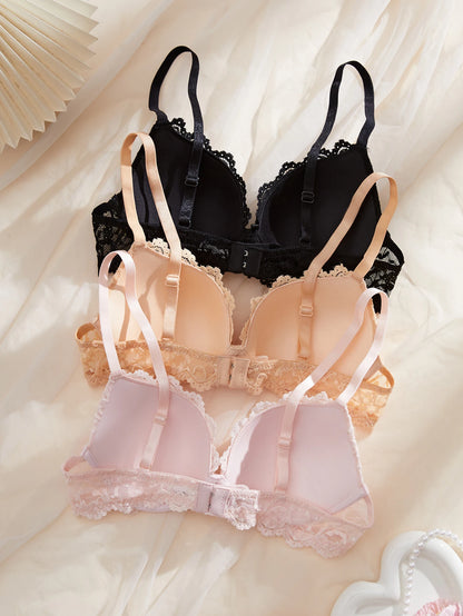3PCS Daily Lace Trim Women's Underwear Set Rhinestone Push up Bra With Underwire Soft & Stylish Female Slim Bra