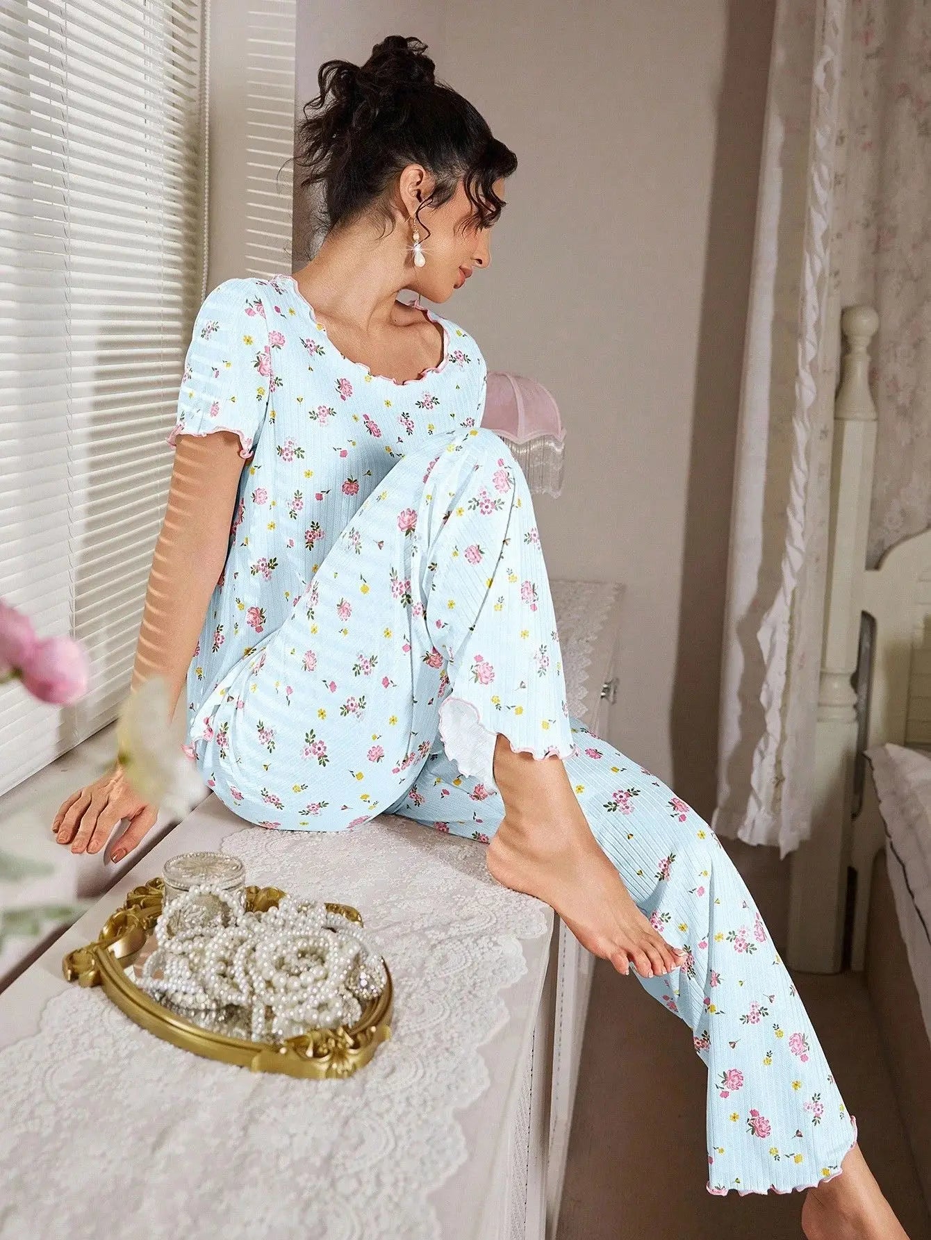 New European and American style loose-fitting women's pajamas, floral short-sleeved long pants home wear, casual two-piece set s