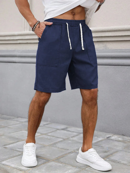 Summer Men's Retro American Style Shorts with Drawstring Casual Pants Included Solid Color Trendy Mid-Length Men's Shorts
