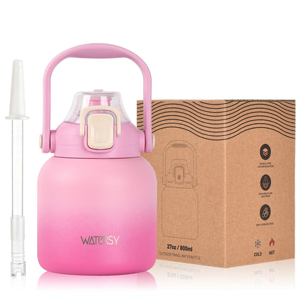 WATERSY 800ml Stainless Steel Water Bottle Double Wall Vacuum Insulated Thermal Cup with Straw & Handle, for Travel Gym Office