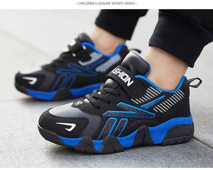 Boys Leather Sneakers - Kids Running Shoes With Rubber Outsole & Hook And Loop Closure