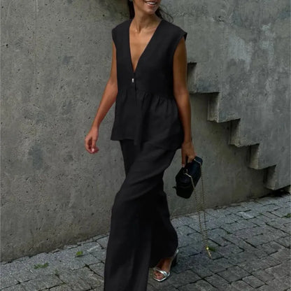 Fashion Women's Trouser Suits Sleeveless V-Neck Top Women Casual Straight Pants Sets Summer Women's Suit Commuter 2 Piece Set