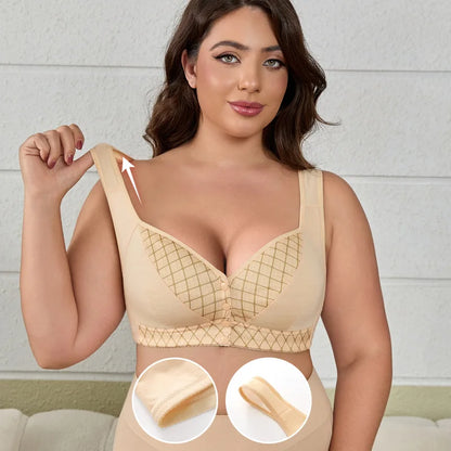 CINOON Women Plus Size Front Closure Wireless Bra Printed Wide Straps Lift Gather Full Coverage Everyday Breathable Soft Intimat