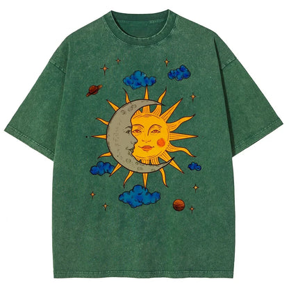 Men's Oversized T-Shirt - Retro Printed Tee With Moon And Sun Print, Breathable Cotton