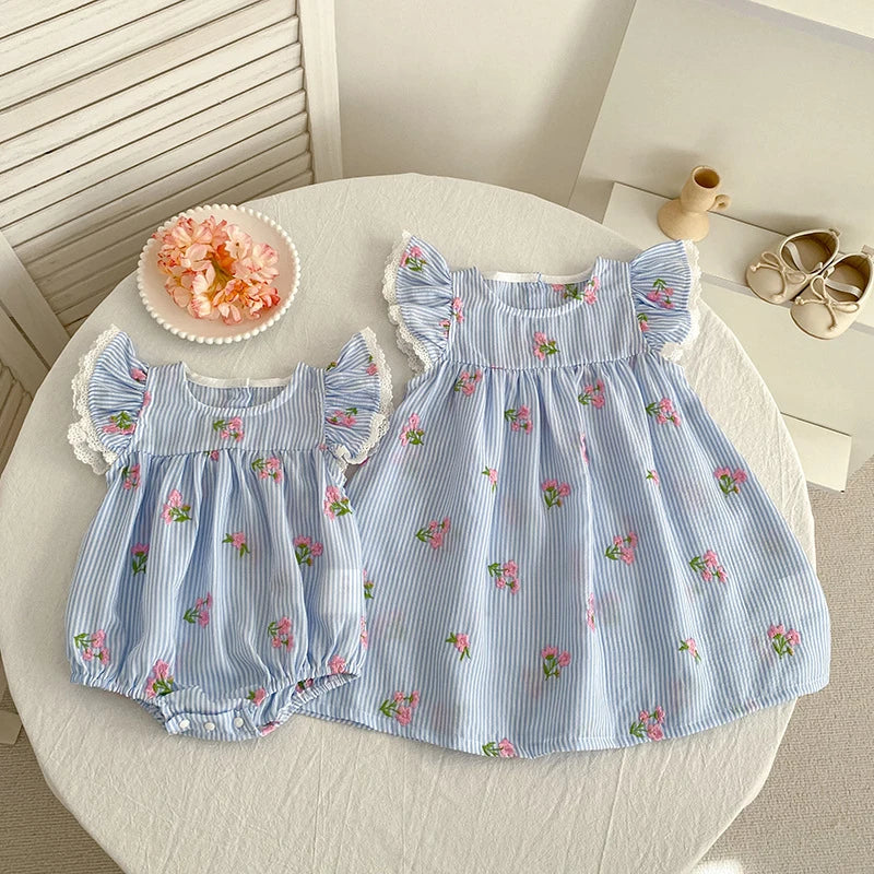 2026 New Summer 2-6Yrs Princess Round Neck Dress Striped Baby Girl Dress Flying Sleeve Cotton Embroidery Blue Sweet Dress