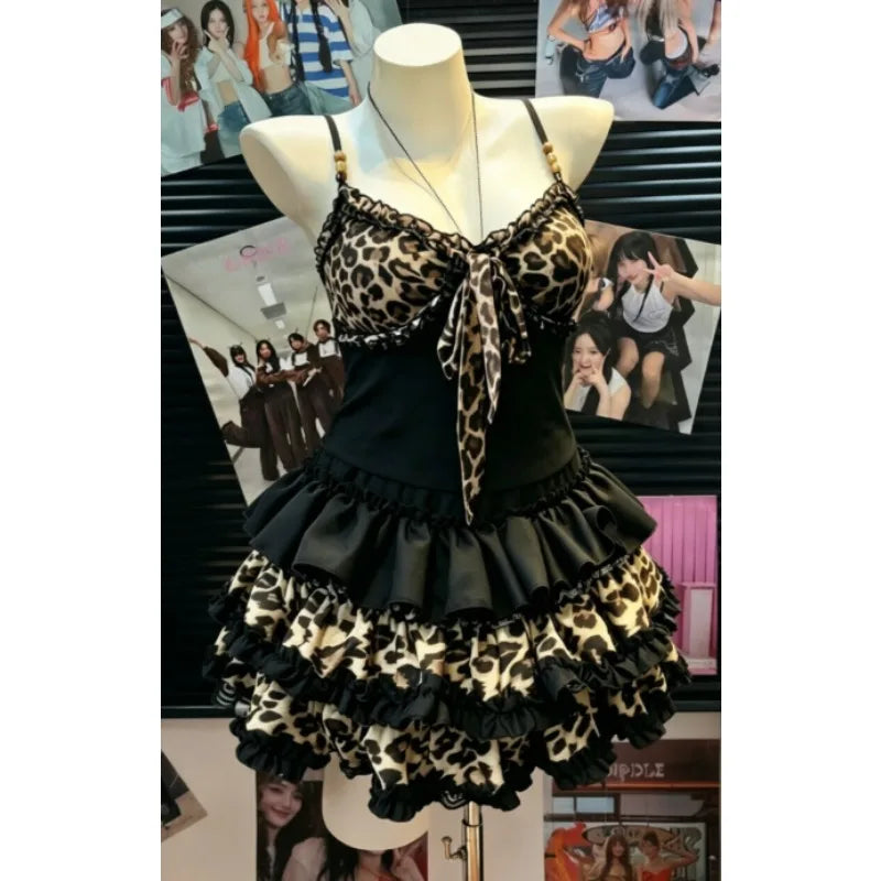 American Vintage Punk Gothic Leopard Print 2 Piece Suits Women Subculture Piano Top + Skirt Retro Harajuku Y2k Casual Outfits